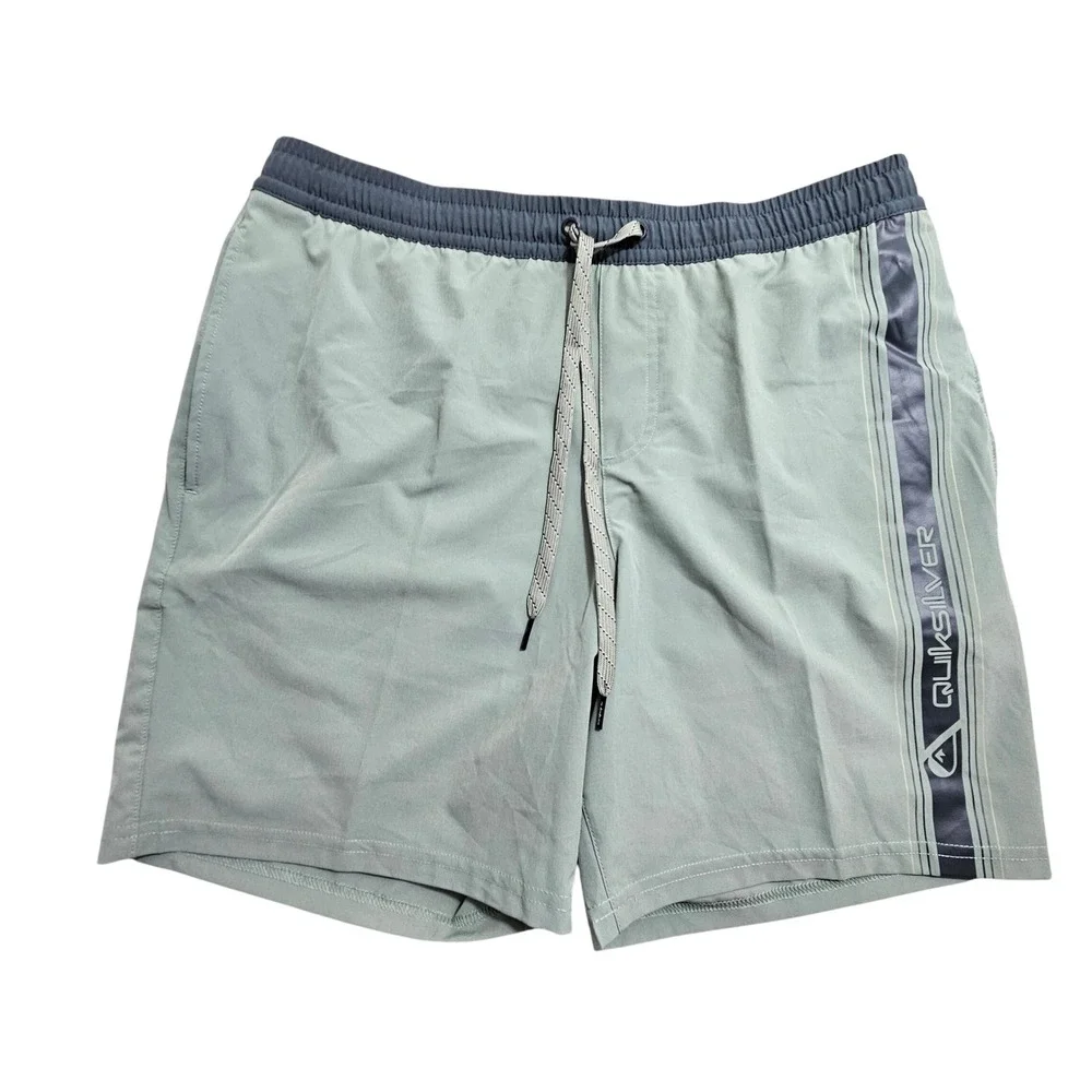 Quiksilver NWT Swim Trunks Mens Large Green Grey Quick Dry Stretch UPF 50